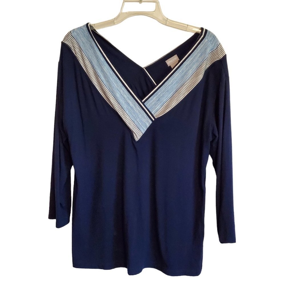 Chico's Wrapped V-Neck Line Navy‎ Blue Blouse Size 1